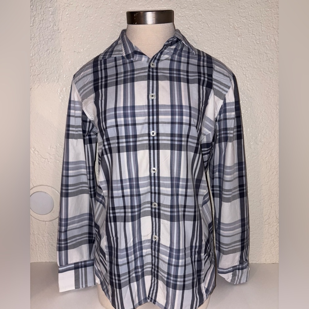 INC International Concepts Men's Plaid Shirt - Navy and White